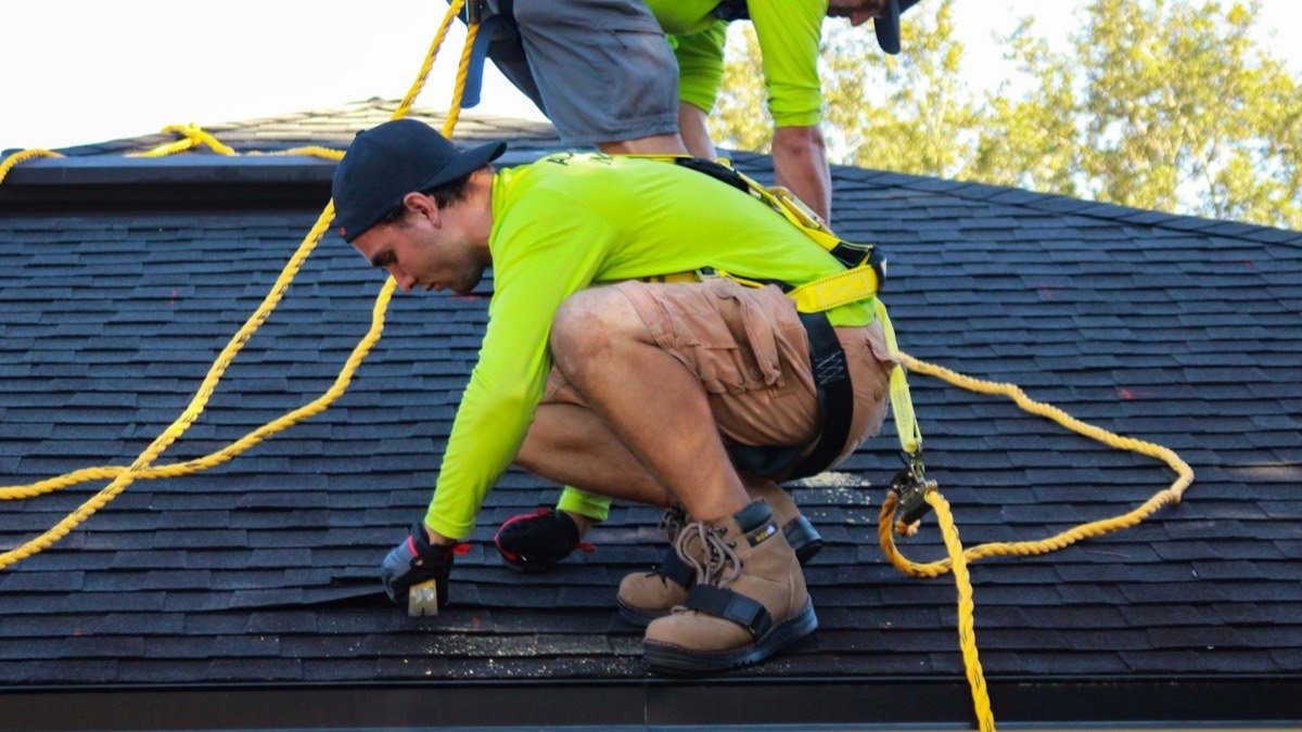 Two roofers working on a steep asphalt shingle roof wearing safety harnesses