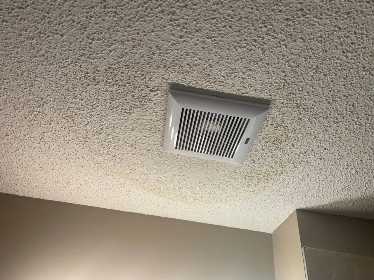 The interior bathroom vent showing water damage
