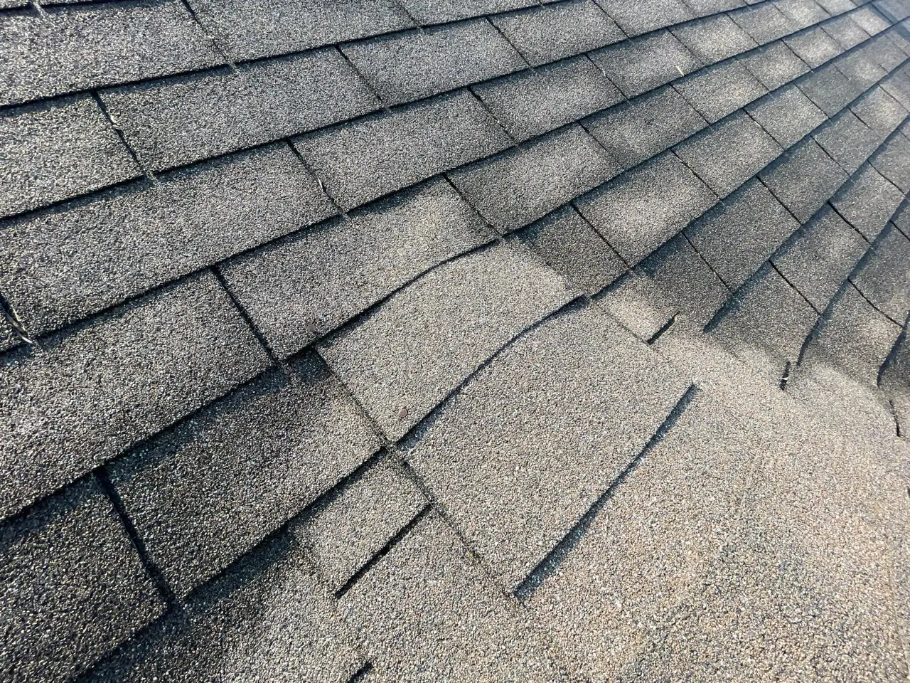 Lifted and torn shingles from wind damage