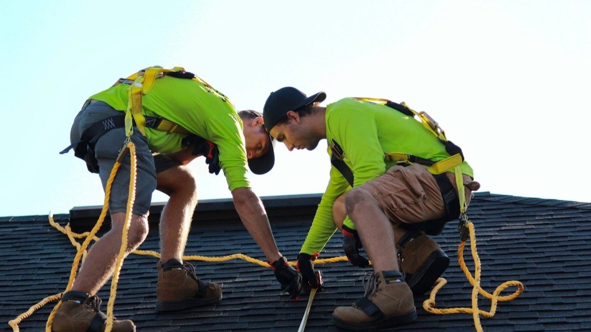 Roofing crew fastening new shingles along a roof slope